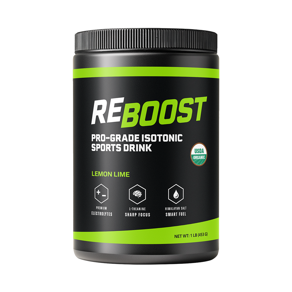 Lemon Lime (Electrolyte Powder) REBOOST pro-grade isotonic sports drink container with lemon lime flavor on a white background